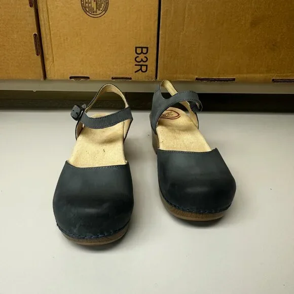 Dansko Blue Mules with Tan Sole - Picture 2 of 6